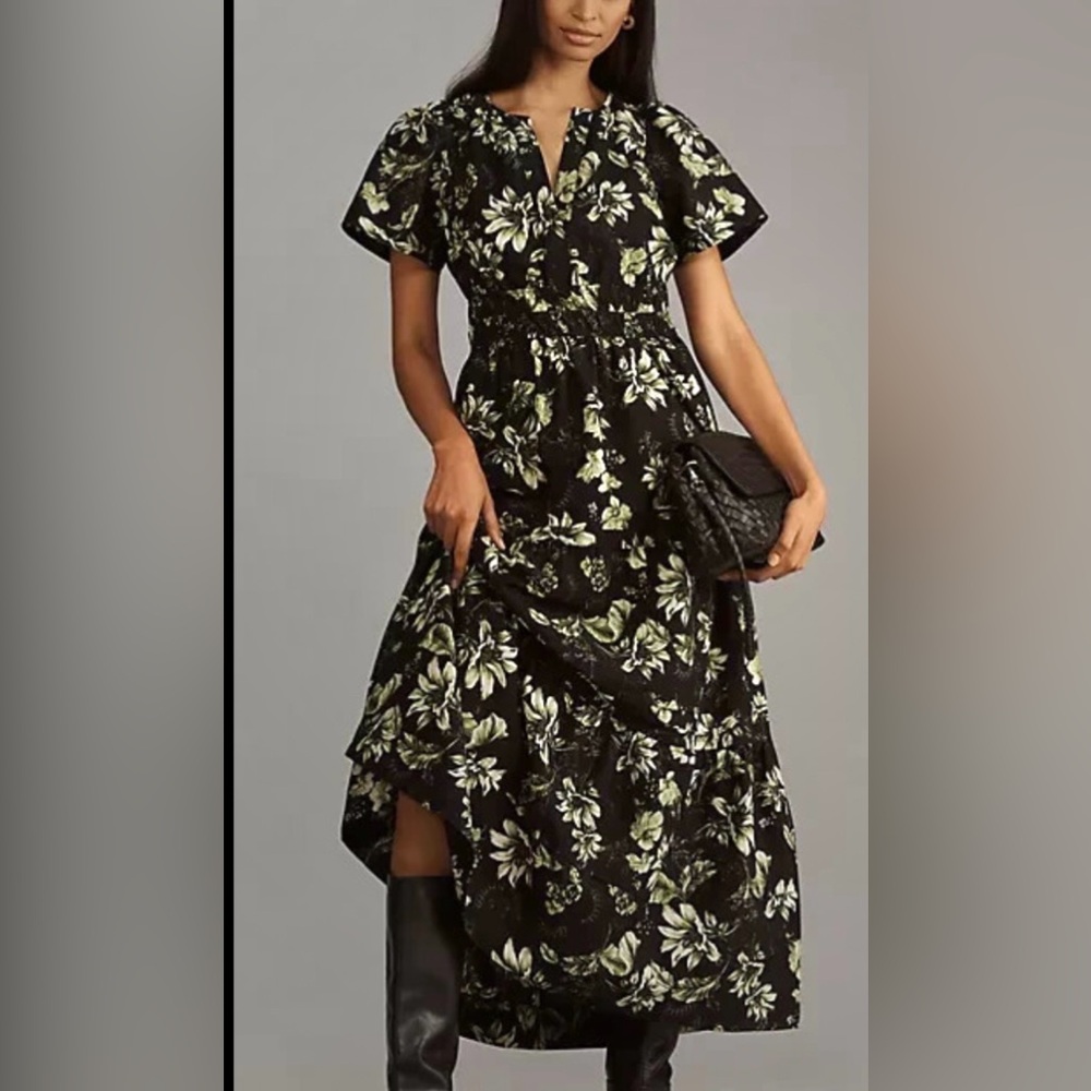 NWT Anthropologie Somerset Maxi Dress Black Green Floral, smocked waist, tiered